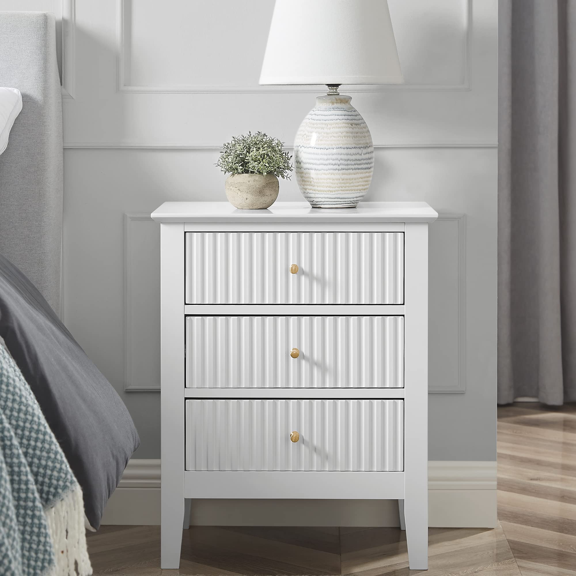 WOODEEM Fluted White Nightstand with 3 drawers for a modern bedroom