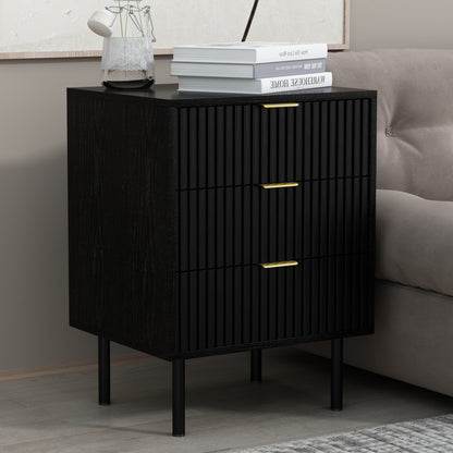 WOODEEM Bedroom Black Fluted Nightstand with 3 Drawers, Living Room Side Table