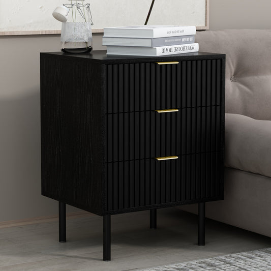 WOODEEM Bedroom Black Fluted Nightstand with 3 Drawers, Living Room Side Table