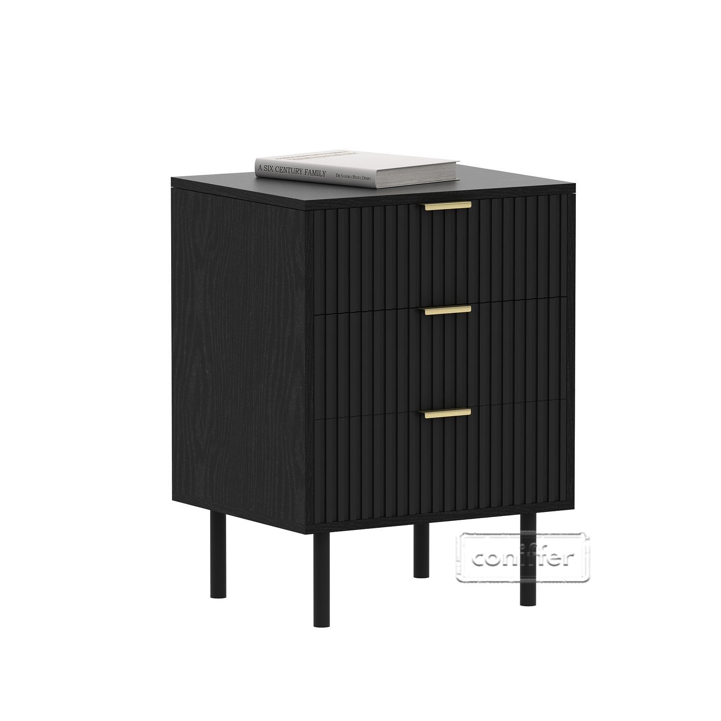 WOODEEM Bedroom Black Fluted Nightstand with 3 Drawers, Living Room Side Table