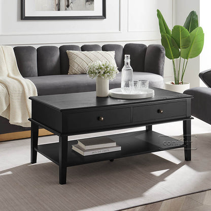 WOODEEM Modern Black Coffee Table with Storage Shelf and 2 Drawers for Living Room