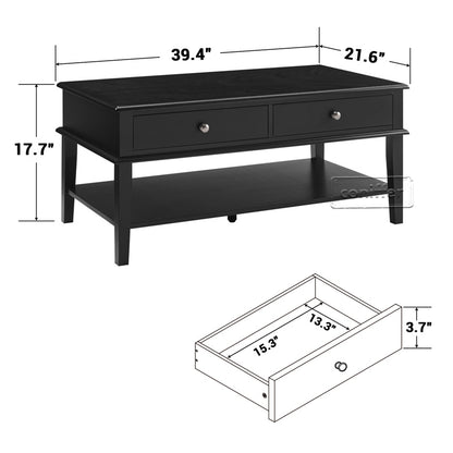 WOODEEM Modern Black Coffee Table with Storage Shelf and 2 Drawers for Living Room