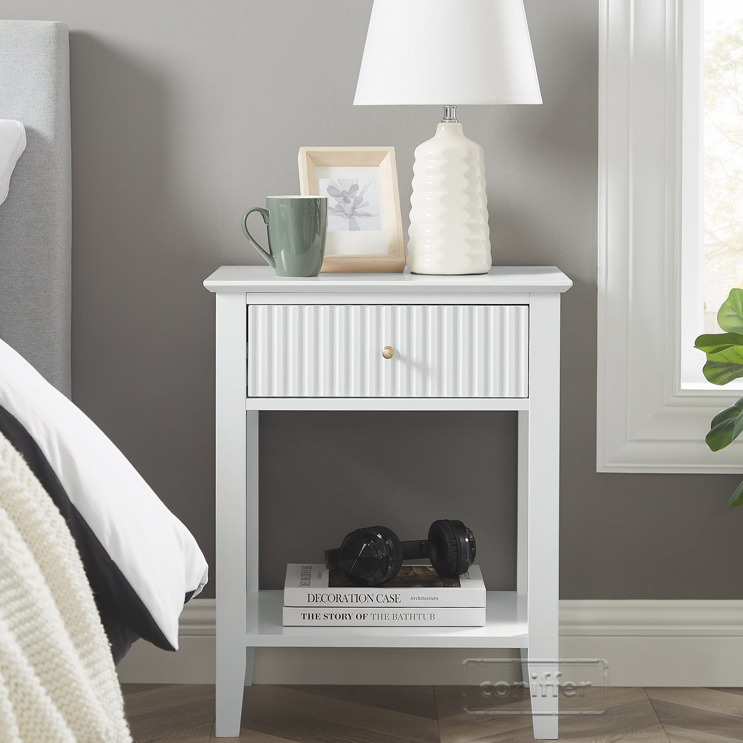 WOODEEM Fluted Drawer White Nightstand, End Table Beside Table with Drawer and Storage Shelf