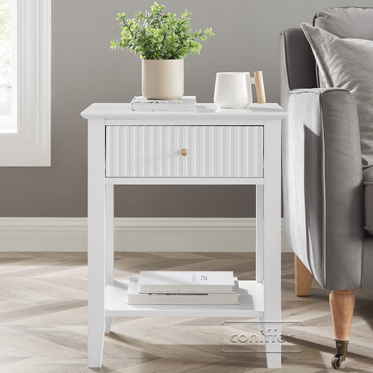 WOODEEM Fluted Drawer White Nightstand, End Table Beside Table with Drawer and Storage Shelf