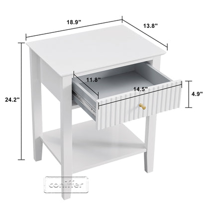 WOODEEM Fluted Drawer White Nightstand, End Table Beside Table with Drawer and Storage Shelf