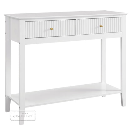 WOODEEM Fluted Drawer White Console Table Small, Sofa Table 2 Drawers and Storage Shelf