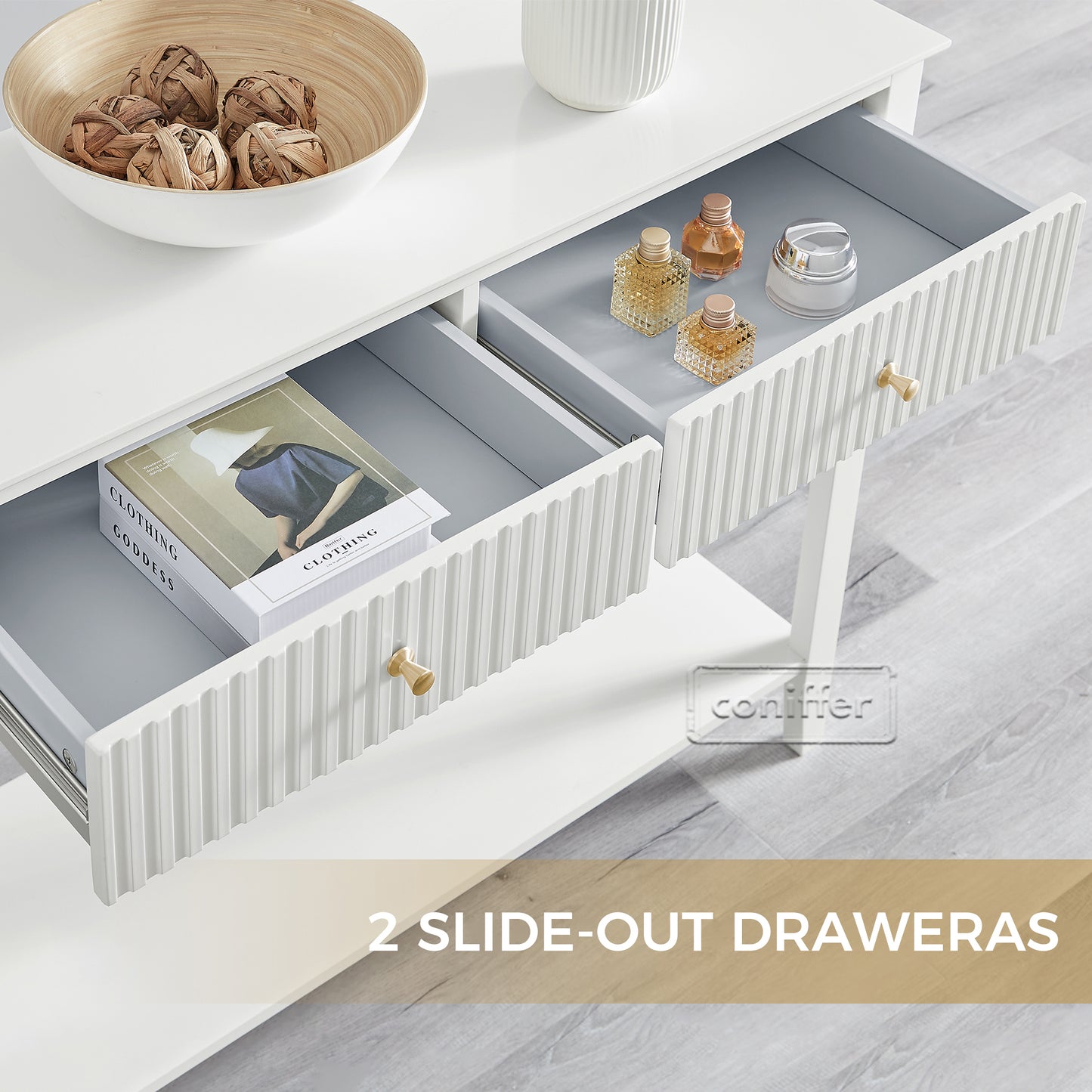 WOODEEM Fluted Drawer White Console Table Small, Sofa Table 2 Drawers and Storage Shelf