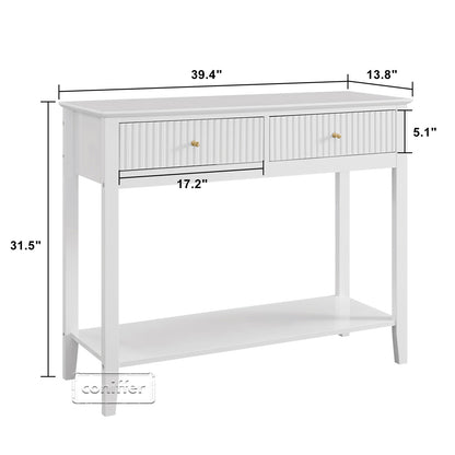 WOODEEM Fluted Drawer White Console Table Small, Sofa Table 2 Drawers and Storage Shelf