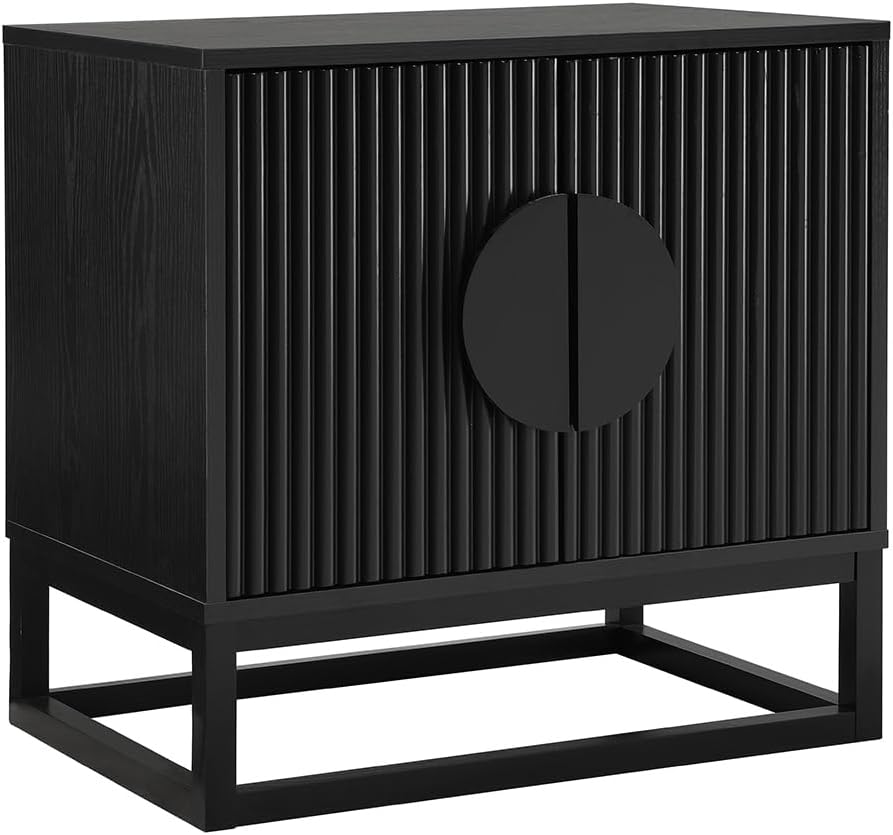 WOODEEM Modern Black Night Stand 24" Wide with Solid Wood Doors, Bedroom Nightstand 24" Tall Bedside Tables, Mid Century Vintage Fluted Sofa End Side Table Living Room