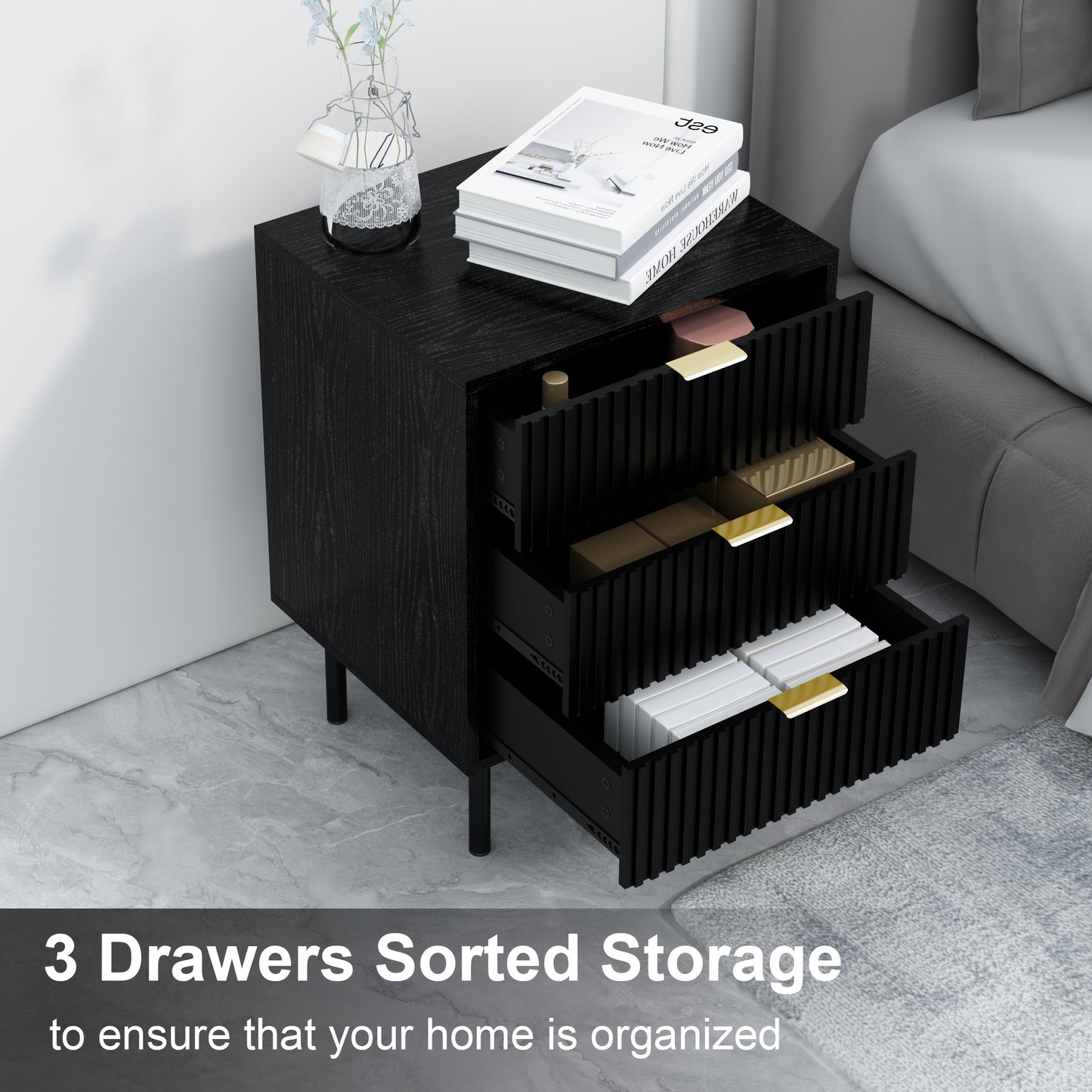 WOODEEM Bedroom Black Fluted Nightstand with 3 Drawers, Living Room Side Table