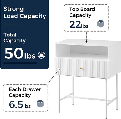 WOODEEM White Nightstand 19" Bedroom Bedside Table, Mid Century Modern Small Night Stand with 1 Fluted Drawer and Storage Shelf, Living Room Slim Sofa Couch Side End Tables Gold Handle