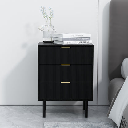 WOODEEM Bedroom Black Fluted Nightstand with 3 Drawers, Living Room Side Table