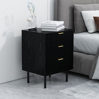 WOODEEM Bedroom Black Fluted Nightstand with 3 Drawers, Living Room Side Table