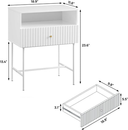 WOODEEM White Nightstand 19" Bedroom Bedside Table, Mid Century Modern Small Night Stand with 1 Fluted Drawer and Storage Shelf, Living Room Slim Sofa Couch Side End Tables Gold Handle