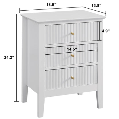 WOODEEM Fluted Drawer White Nightstand, End Table Beside Table 3 Fluted Drawers and Storage Shelf