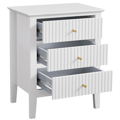 WOODEEM Fluted Drawer White Nightstand, End Table Beside Table 3 Fluted Drawers and Storage Shelf