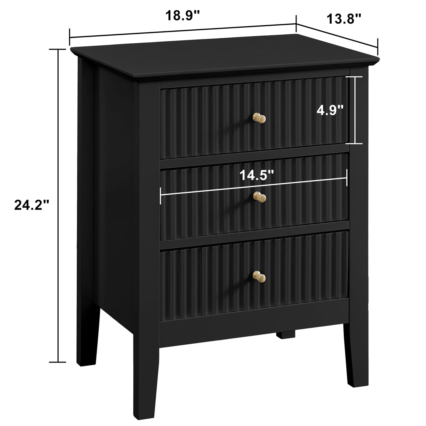 WOODEEM Bedroom Black Nightstand 3 Drawers, Fluted Side Table for Living Room