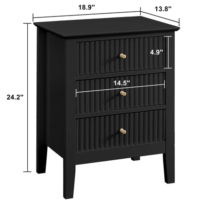 WOODEEM Bedroom Black Nightstand 3 Drawers, Fluted Side Table for Living Room