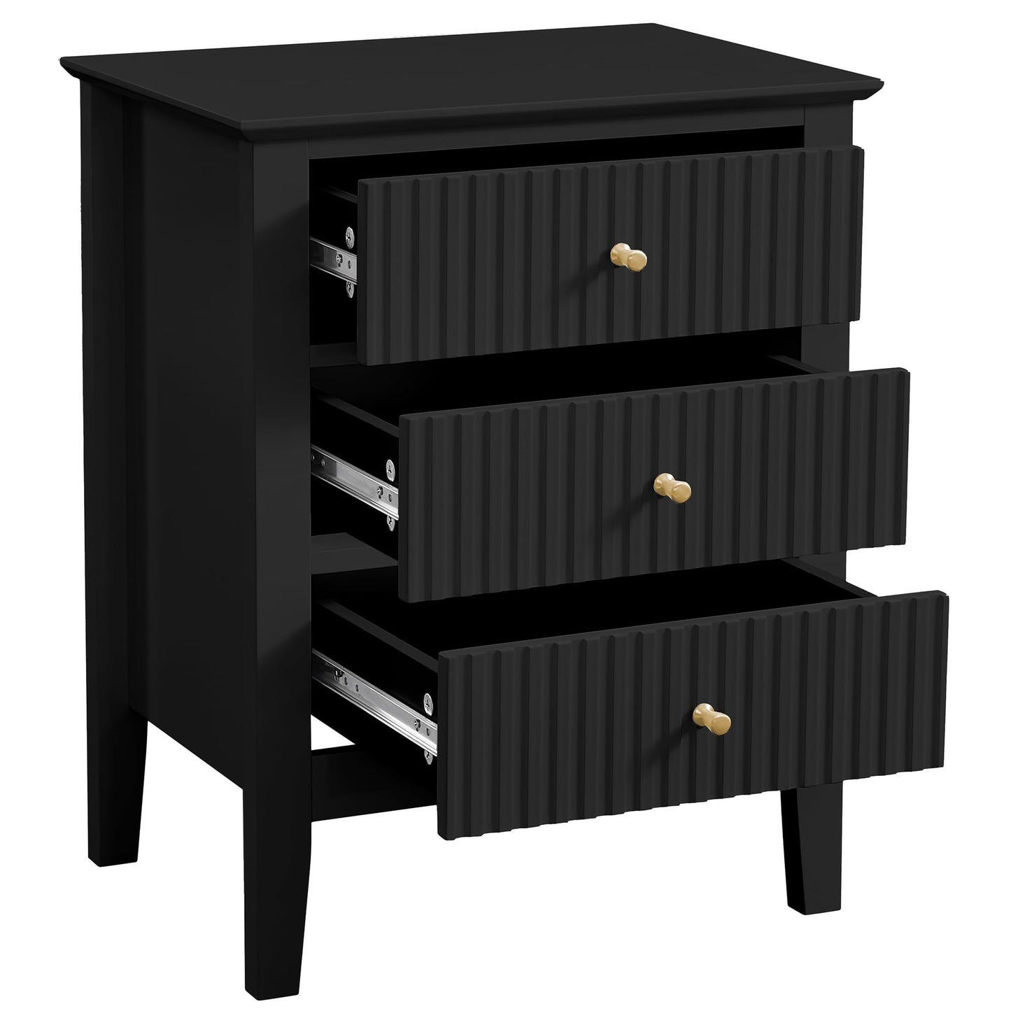 WOODEEM Bedroom Black Nightstand 3 Drawers, Fluted Side Table for Living Room