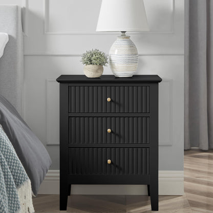 WOODEEM Bedroom Black Nightstand 3 Drawers, Fluted Side Table for Living Room