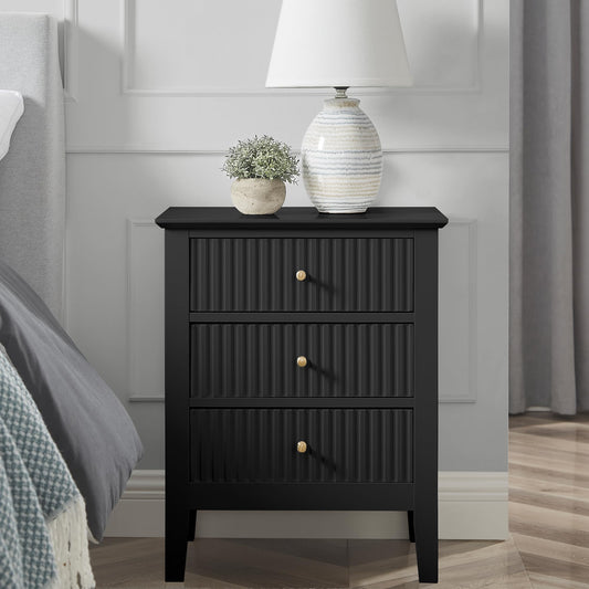 WOODEEM Bedroom Black Nightstand 3 Drawers, Fluted Side Table for Living Room