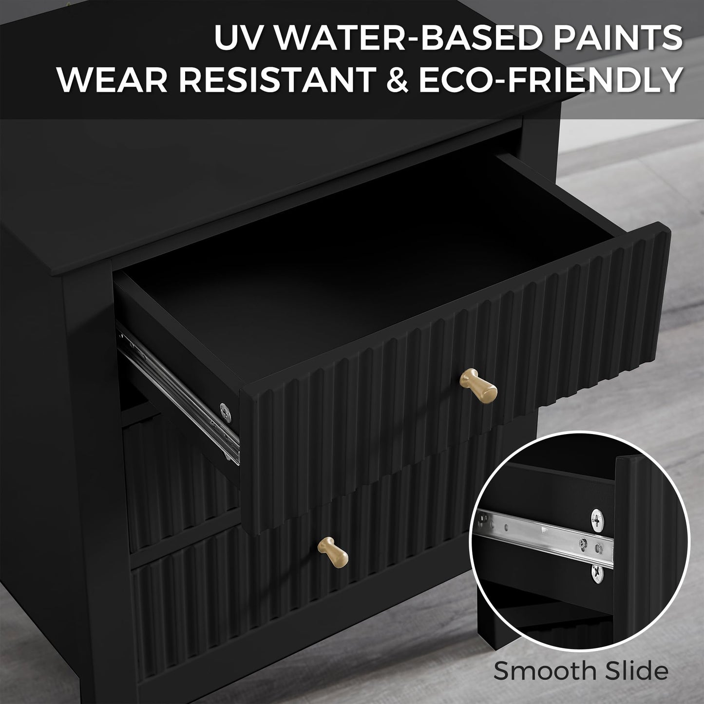 WOODEEM Bedroom Black Nightstand 3 Drawers, Fluted Side Table for Living Room