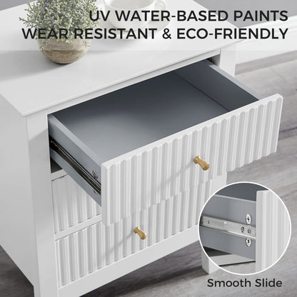 WOODEEM Fluted Drawer White Nightstand, End Table Beside Table 3 Fluted Drawers and Storage Shelf