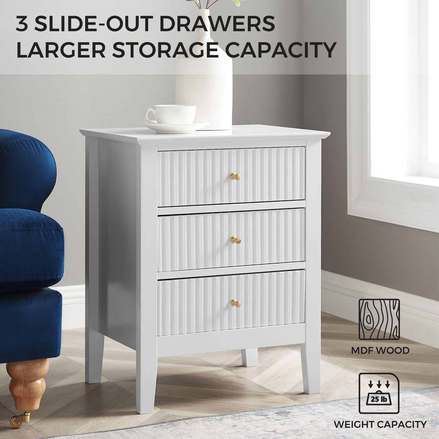 WOODEEM Fluted Drawer White Nightstand, End Table Beside Table 3 Fluted Drawers and Storage Shelf