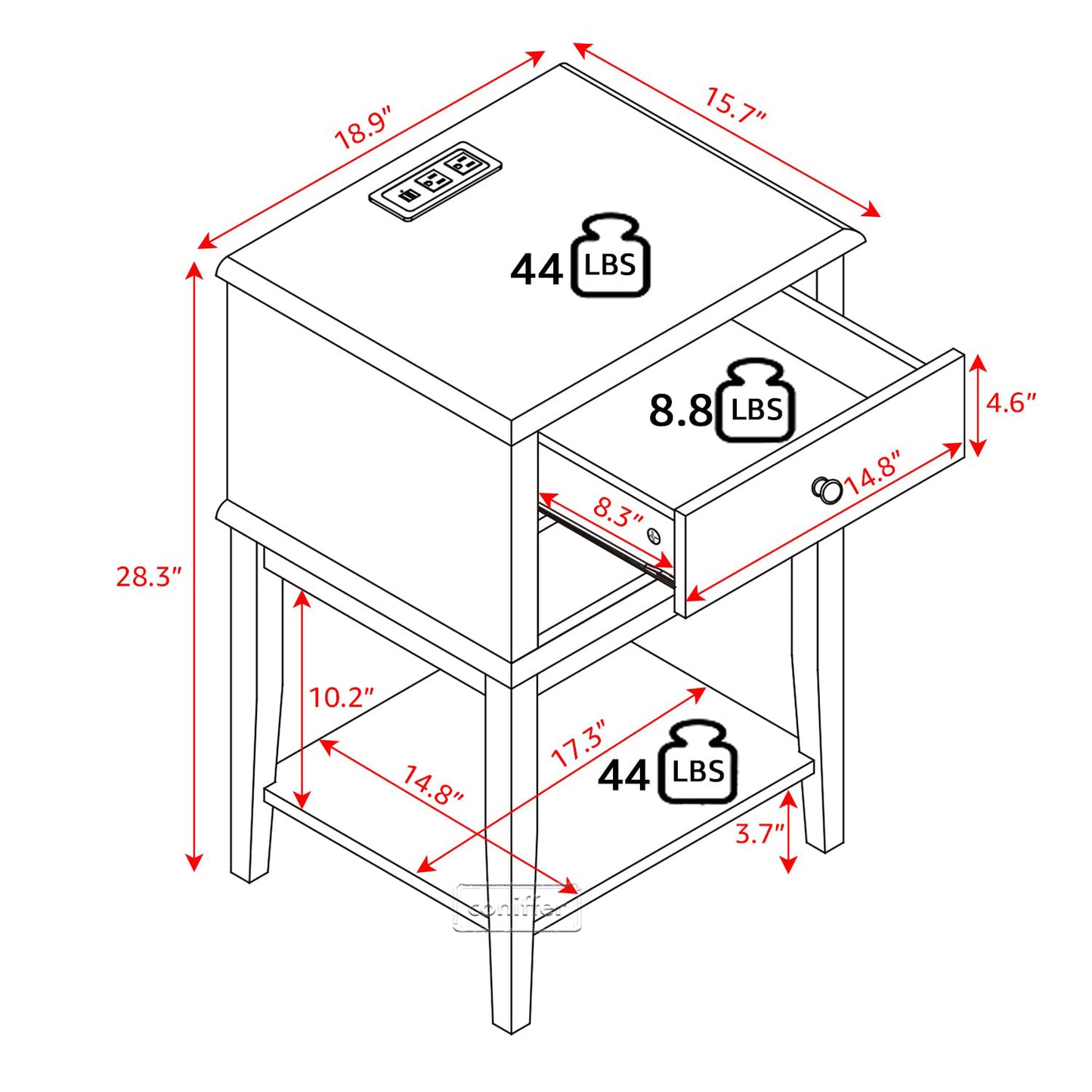 WOODEEM White Nightstand with Charging Station 28 inches Tall for Bedroom