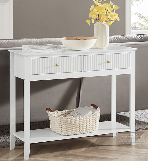 WOODEEM Fluted Drawer White Console Table Small, Sofa Table 2 Drawers and Storage Shelf